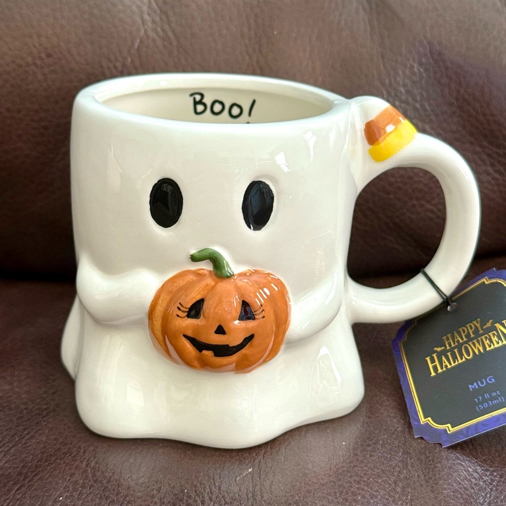 Boo! Ghost with Orange Pumpkin and Candy Corn Handle 17oz Halloween Mug